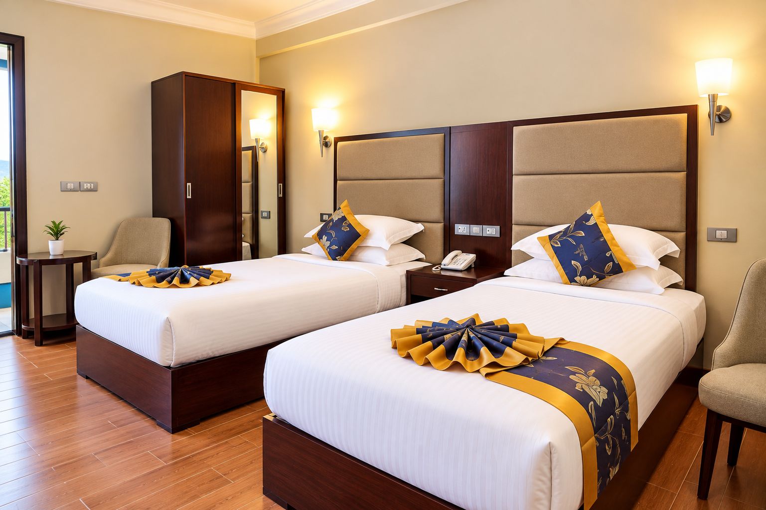 A hotel room with two beds, a wardrobe, a desk, and a chair.