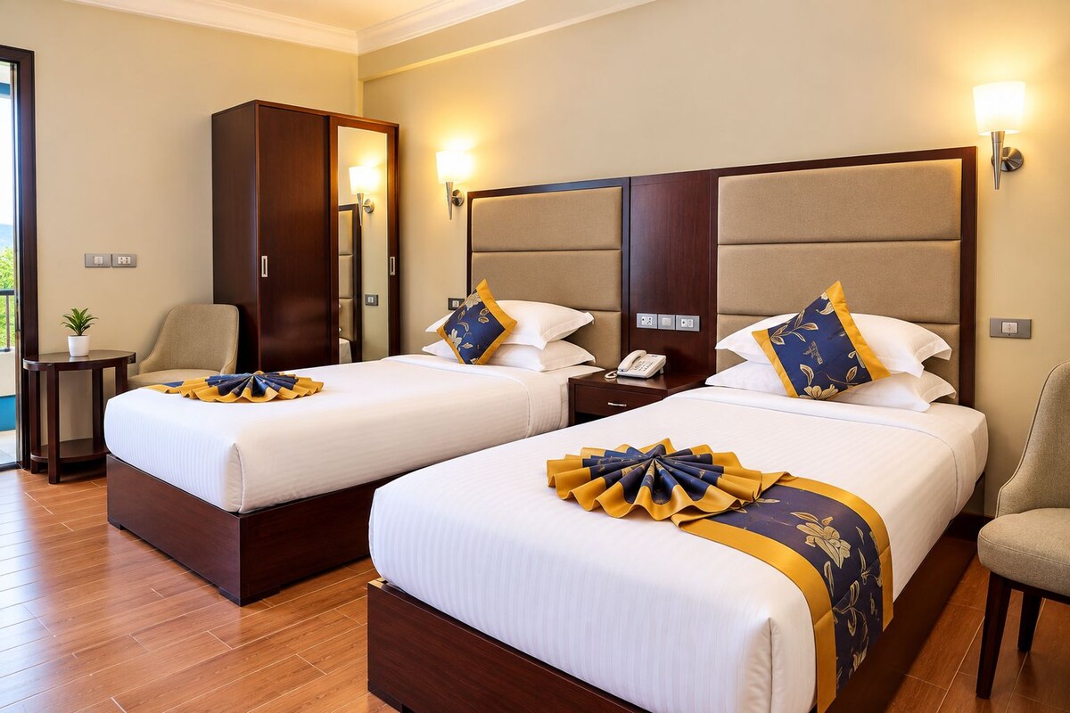 Phòng 2 giường đơn tiện nghi đơn giản, ban công, quang cảnh vườn | Quang cảnh hồ