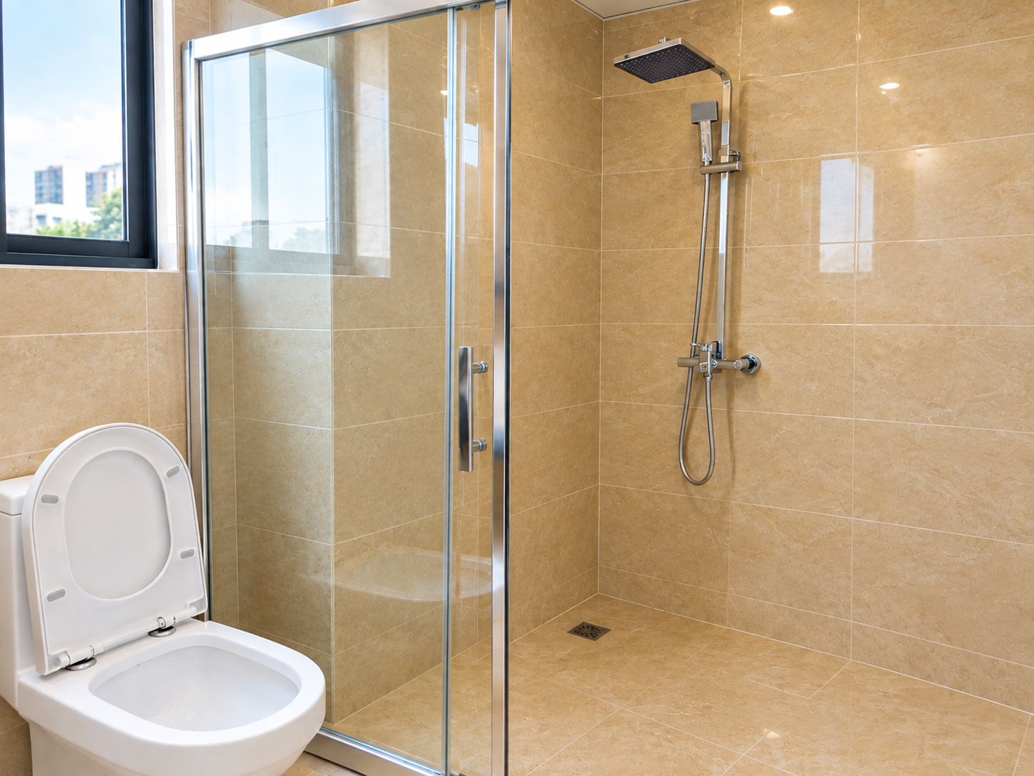 A modern bathroom with a glass-enclosed shower, a white toilet, and beige tiled walls.