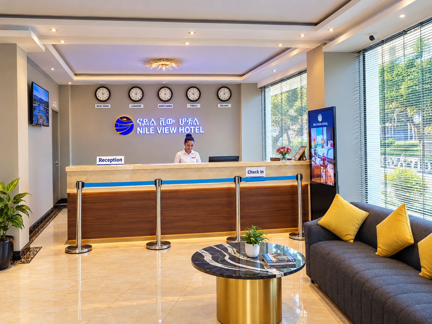 A hotel reception area with a reception desk, clocks displaying different cities, and a sofa with cushions.