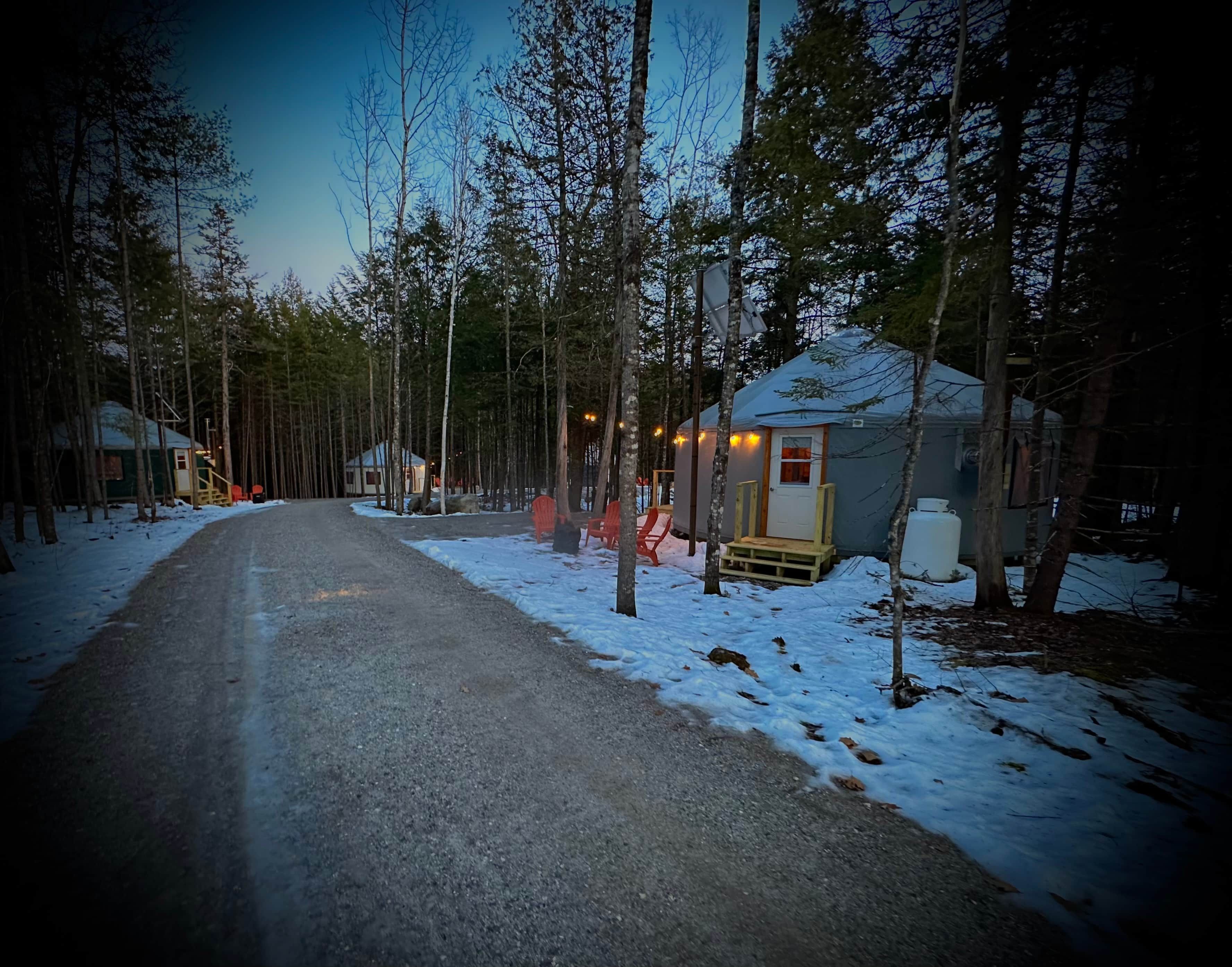 A snow-covered road leading to a cabin with a porch and a small shed.