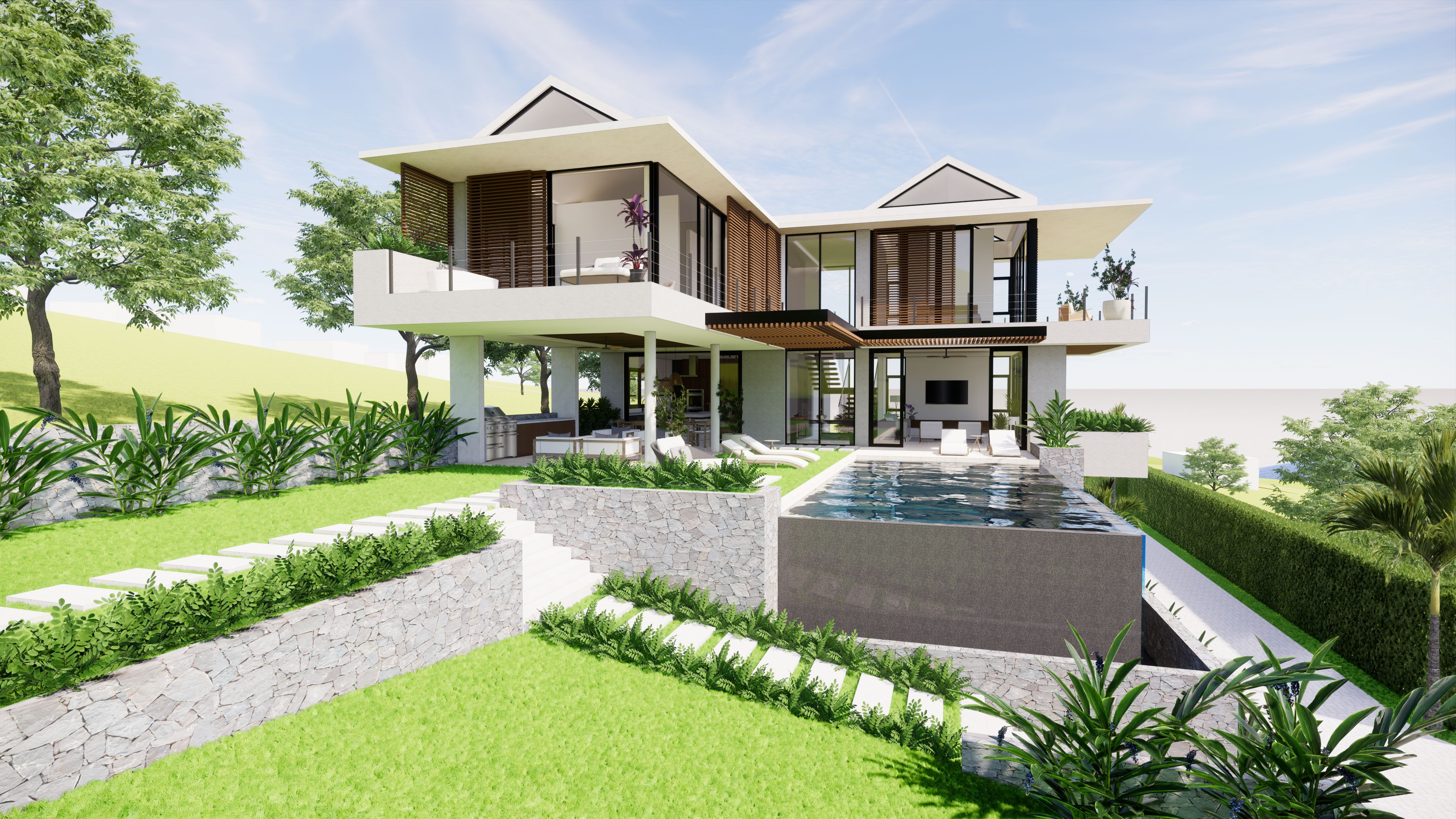 Una casa moderna de dos plantas con piscina, mobiliario exterior y un jardín ajardinado.
