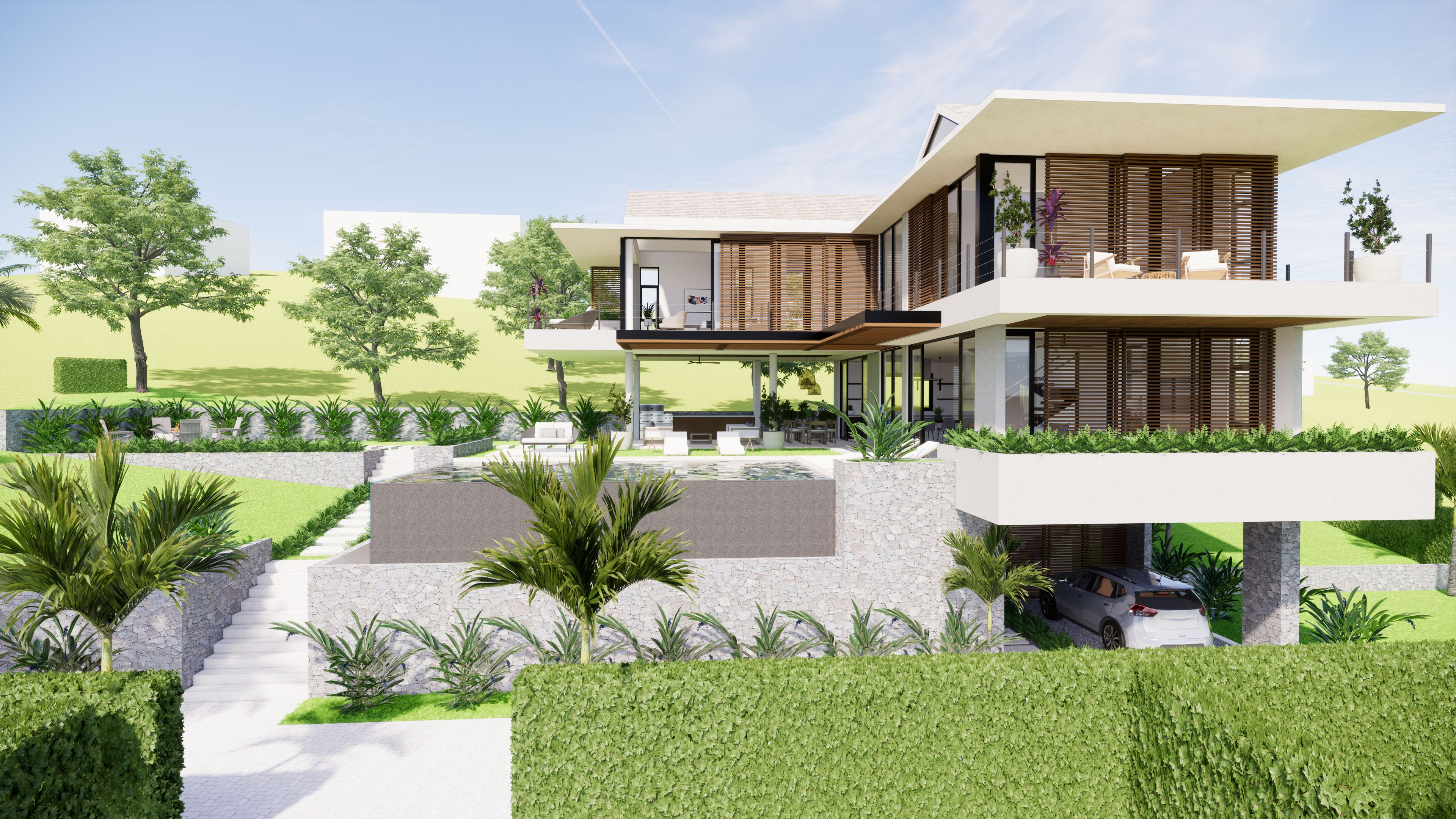 Una casa moderna de dos pisos con techo plano, patio cubierto y jardín ajardinado.