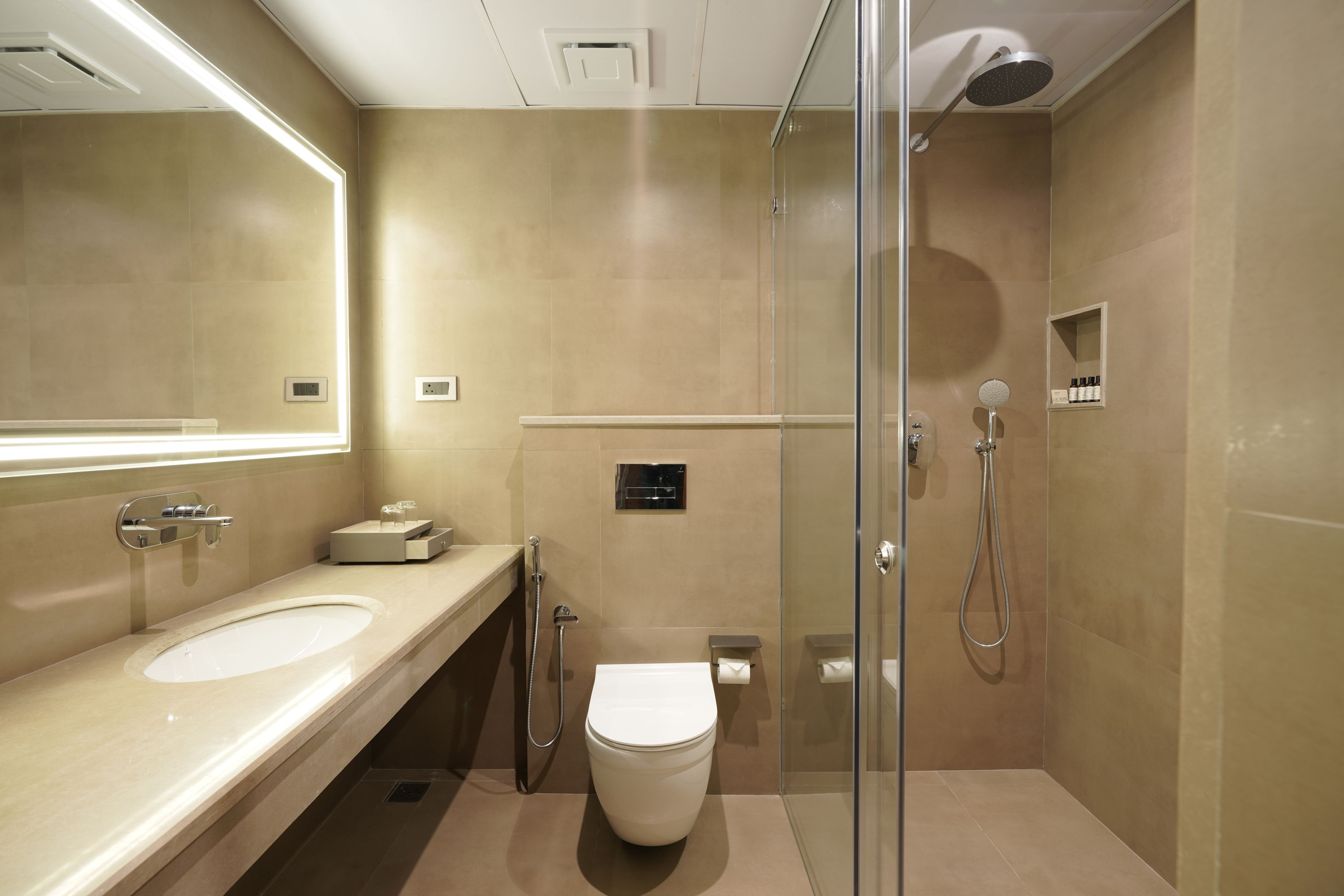 A modern bathroom with a glass-enclosed shower, a toilet, and a vanity with a mirror.