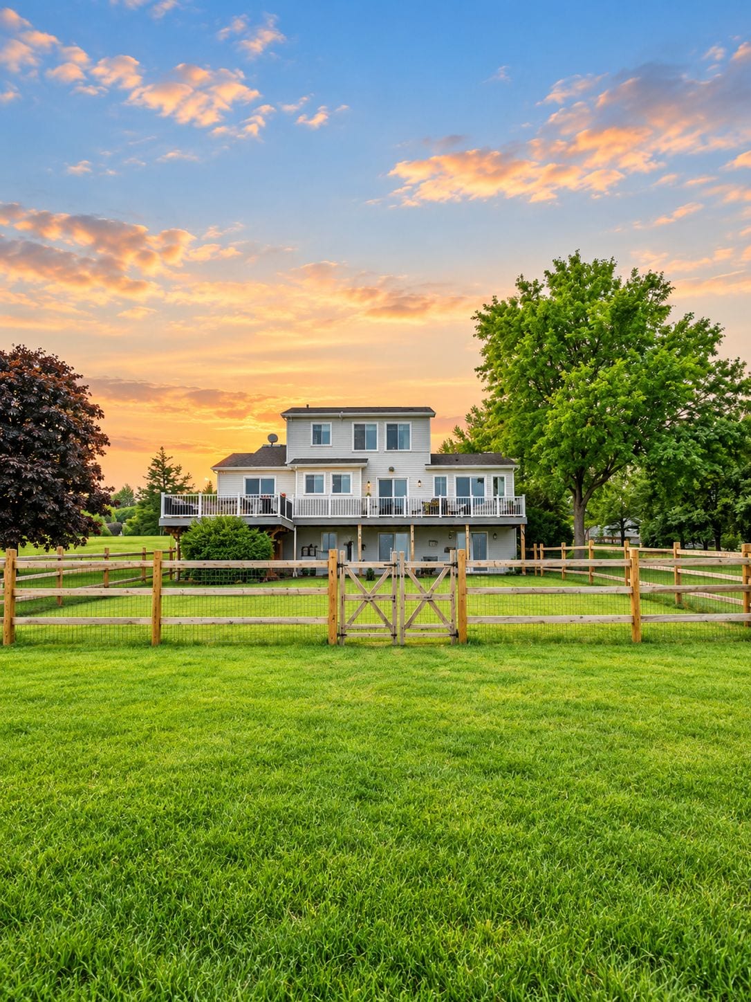 A two-story house with a fenced yard, surrounded by trees.