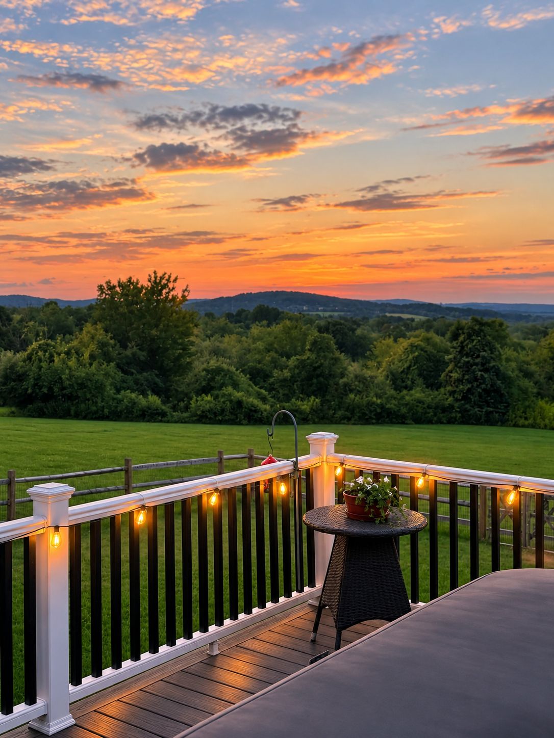 Eine Terrasse mit Geländer, einem Tisch mit Topfpflanze und Blick auf eine grüne Landschaft unter einem Abendhimmel.