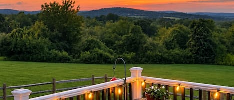 A deck with a railing, a table with a potted plant, and a view of a green landscape under a sunset sky.