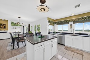 A modern kitchen with white cabinets, a central island, and a view of the outdoors.