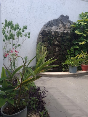 A courtyard with a stone wall, potted plants, and a tiled floor. - PURPLE LOTUS COZUMEL (Cozumel)