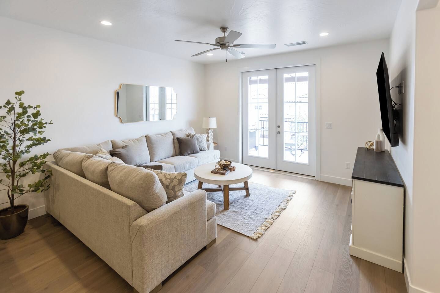 A living room with a sofa, a coffee table, a plant, and a television.