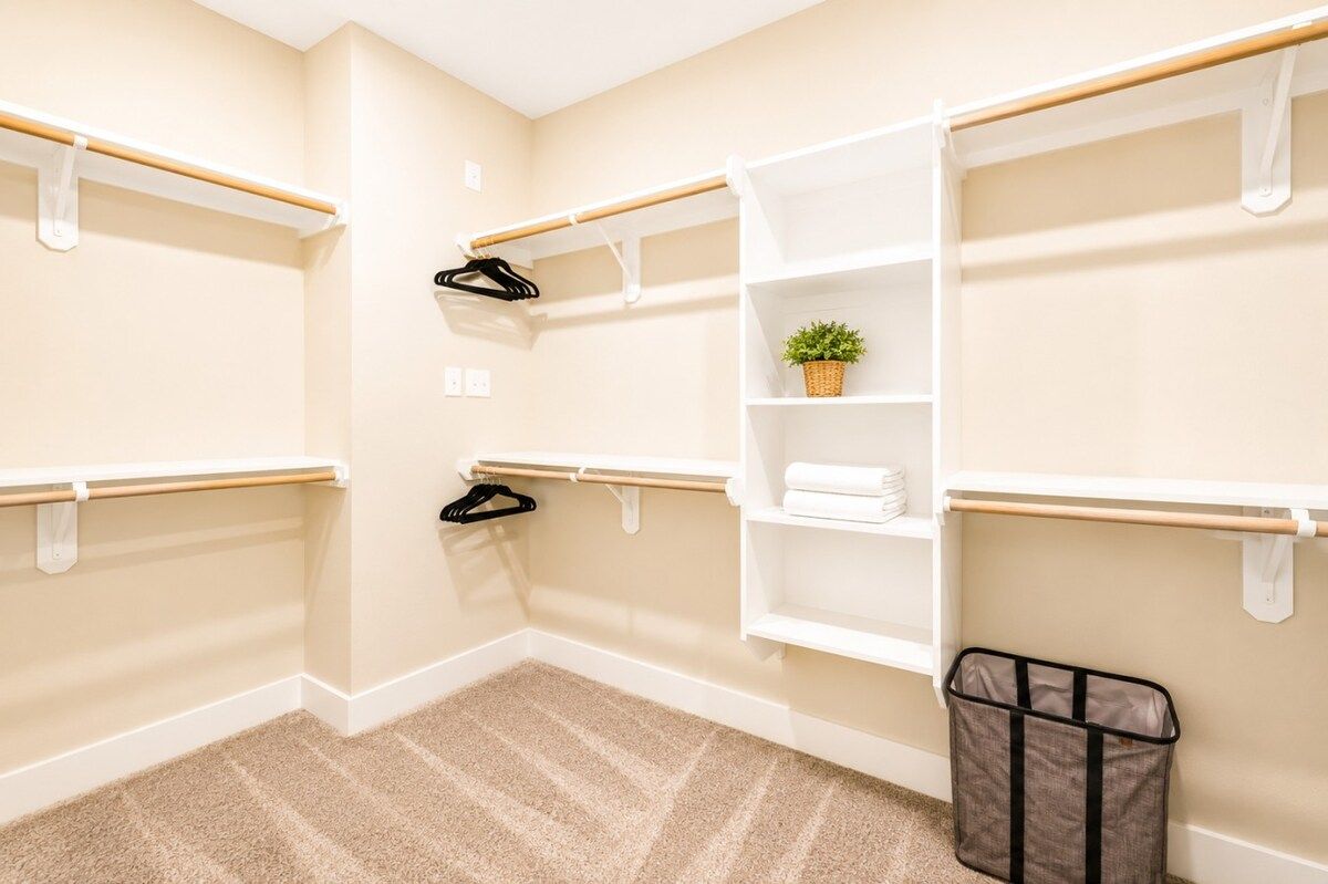 Canto de um quarto com carpete bege, parede branca e um armário branco com prateleiras e espaço para pendurar.