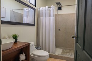 A bathroom with a toilet, sink, and shower area.