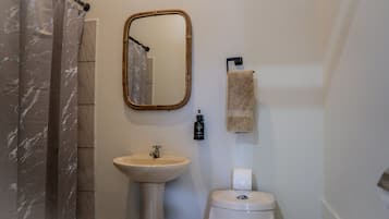 Un baño con cortina de ducha, lavamanos, espejo, toallero y retrete.