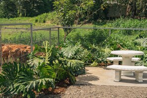 A garden with a metal fence, a white stone bench, and tropical plants. - Hotel Monteriggioni (Florencia)