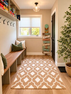 Un hall d’entrée accueillant, avec un banc, un tapis à motifs, une bibliothèque et un panneau indiquant les règles de la maison.