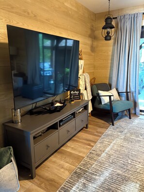A modern living room with a large flat-screen TV mounted on a wooden wall, a dark grey entertainment unit with drawers, a comfortable teal armchair, and a patterned rug on the floor. - As seen on season six of Scott’s vacation house rules on HGTV.  Lakeside Lodge! (Uxbridge)