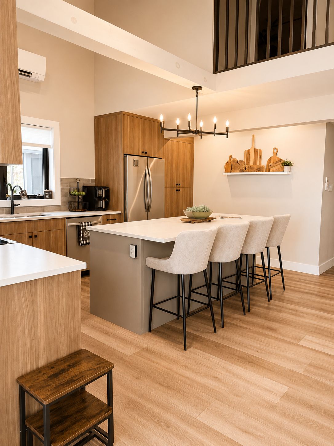 Une cuisine moderne dotée d’un îlot central, de meubles en bois, d’un réfrigérateur en acier inoxydable et d’un luminaire suspendu.
