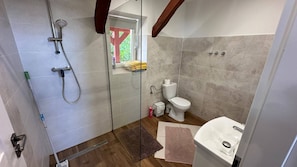 Un baño con ducha envuelta en vidrio, inodoro y lavamanos.