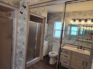 A bathroom with a shower, toilet, and vanity with a mirror.