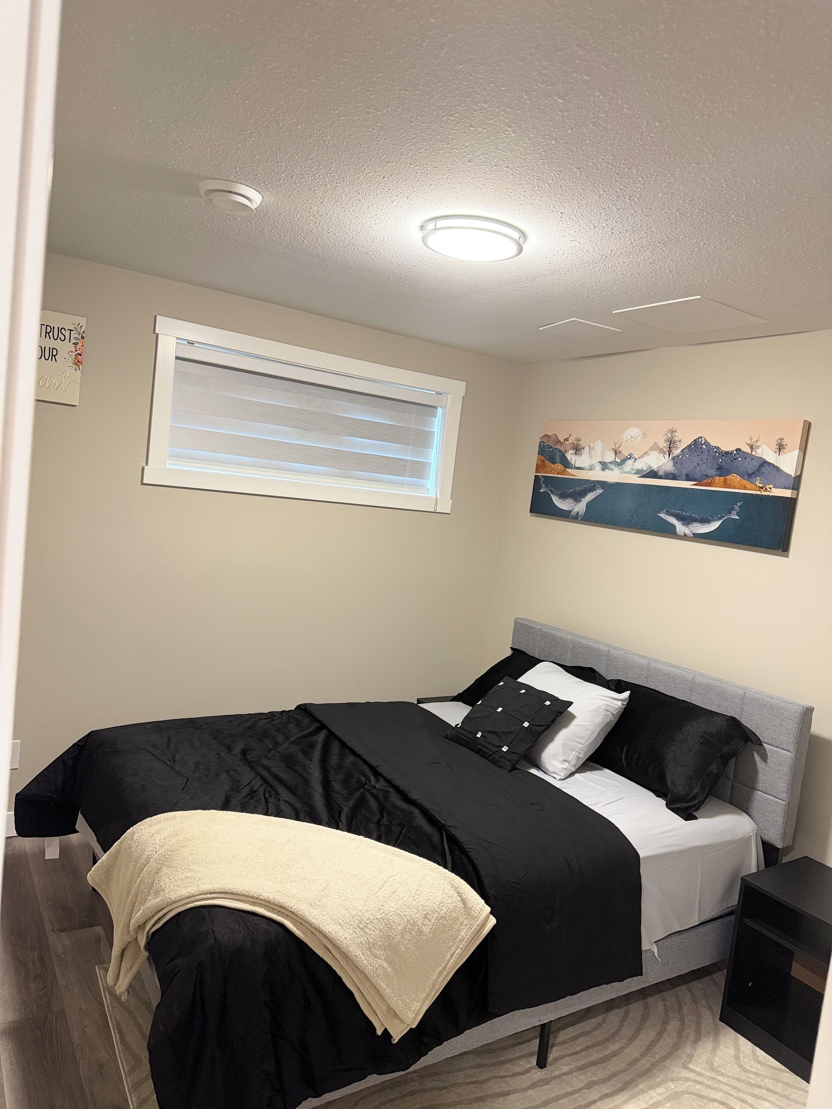 A bedroom with a bed, a nightstand, a window with blinds, a painting, and a ceiling light.