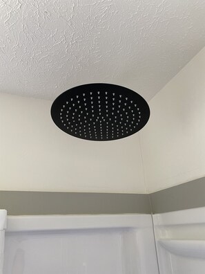 A ceiling with a circular, perforated black object.