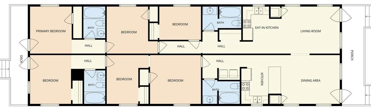 A floor plan of a hotel with multiple bedrooms, bathrooms, a dining area, and a living room.