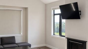 Ein modernes Wohnzimmer mit einer Couch, einem Flachbildfernseher an der Wand und einem Kamin.