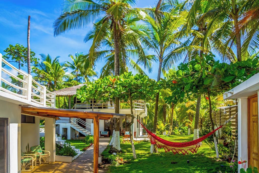 A tropical resort with a hammock, palm trees, and a covered seating area.
