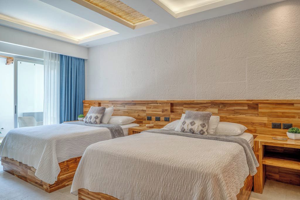 A modern hotel room with two beds, a wooden headboard, a bedside table with a plant, and a large window with curtains.