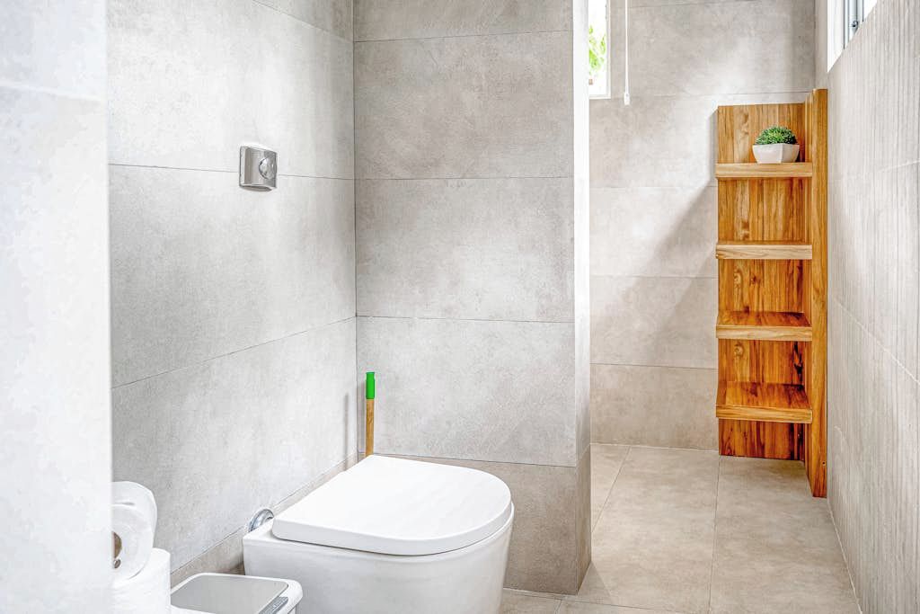 A modern bathroom with a toilet, a small sink, and a wooden shelf with a plant.