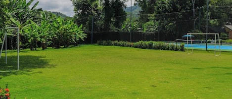 A well-maintained grassy area with a volleyball net and a soccer goal, surrounded by lush greenery and trees.