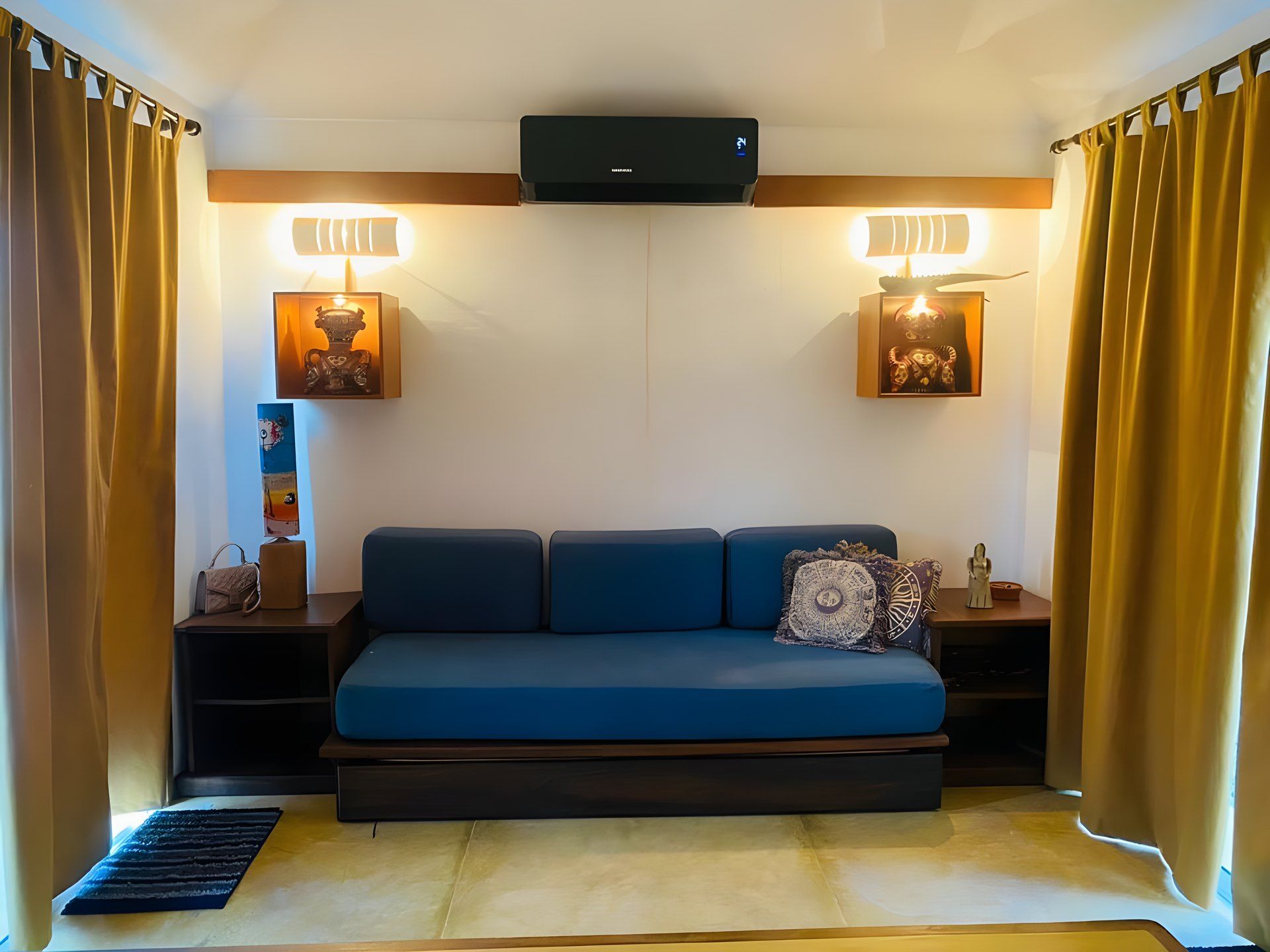 Une pièce chaleureuse avec un canapé bleu, deux lampes fixées au mur, un téléviseur à écran plat et une petite table agrémentée d’objets décoratifs.