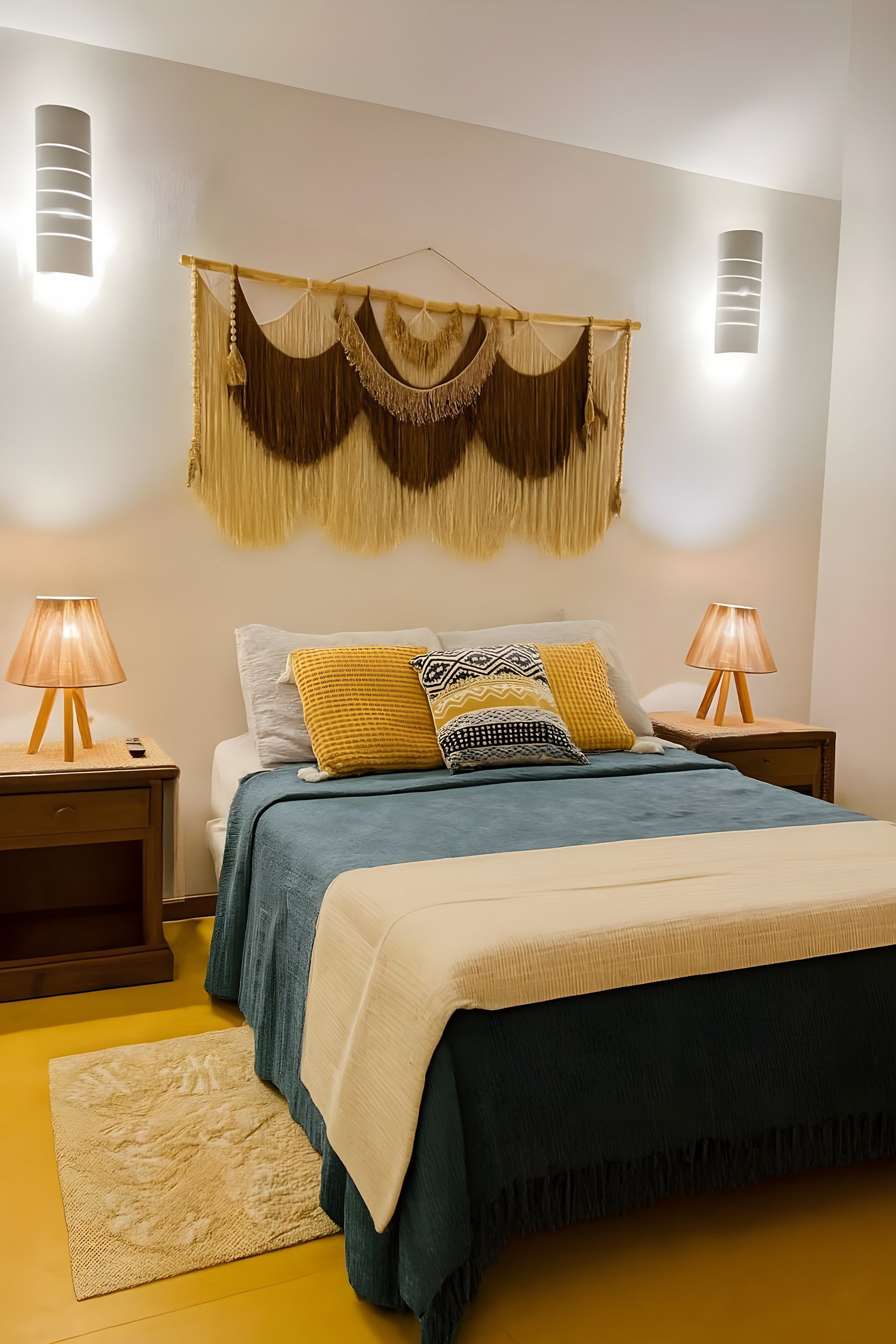 Una camera da letto con un letto, due comodini, una decorazione in macramè a parete e due applique.
