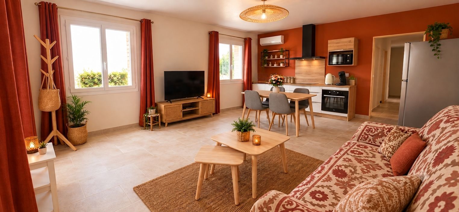 A living room with a sofa, TV, dining table, chairs, and a kitchen area with a fridge, oven, and microwave.