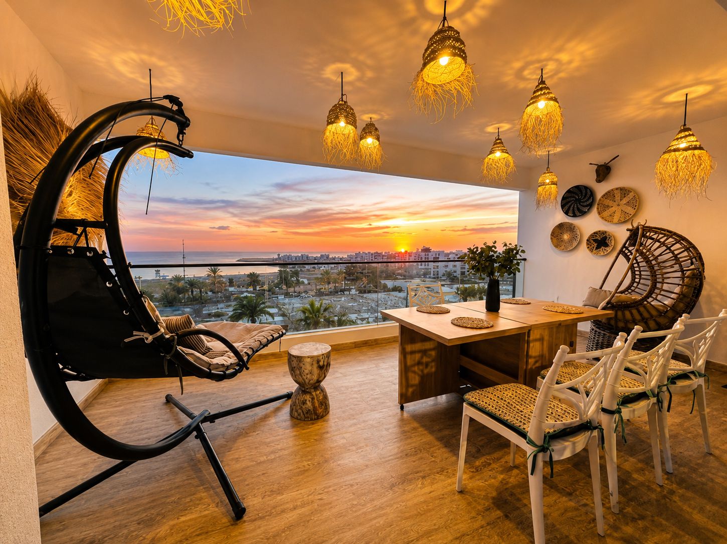 Un interno moderno con un balcone che si affaccia su una città al tramonto, con un'area pranzo completa di tavolo e sedie e opere d'arte decorative a parete.