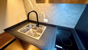 A kitchen with a stainless steel sink, black faucet, and a black induction cooktop. - Minimalist apartment in the jungle (Puerto Iguazú)