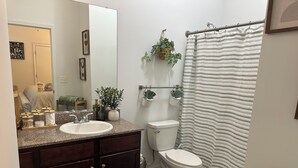 A bathroom with a sink, toilet, and shower curtain. - "Beautiful Luxury Loft in the Heart of Downtown" (Memphis)
