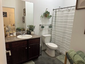 A bathroom with a sink, toilet, and shower curtain. - "Beautiful Luxury Loft in the Heart of Downtown" (Memphis)