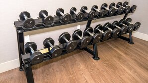 Un soporte para pesas negro con lastres que van desde 2.5 hasta 22.5 kilogramos, colocado contra una pared con suelo de madera.