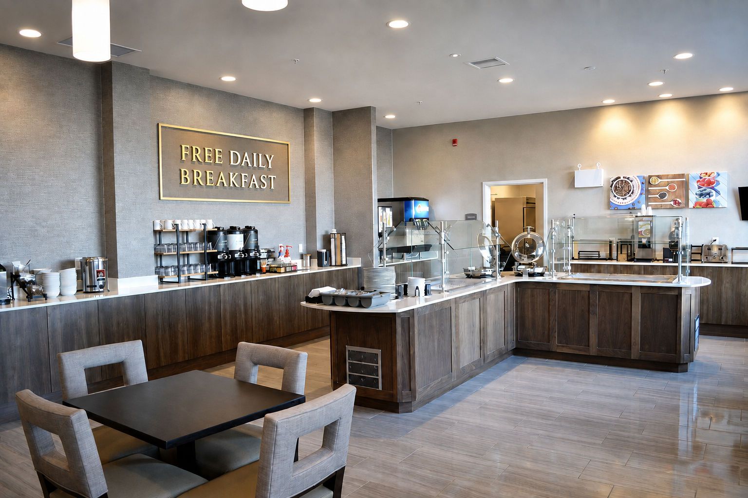 Un moderno espacio para el desayuno con un letrero que indica 'FREE DAILY BREAKFAST', una barra con máquinas de café y diferentes disposiciones de asientos.