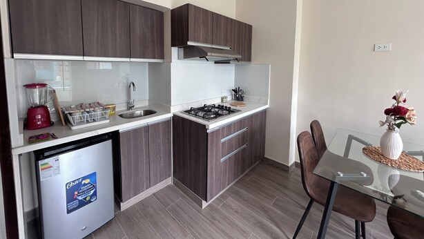 Een compacte keuken met donkerhouten kasten, een inbouwfornuis en een kleine koelkast.