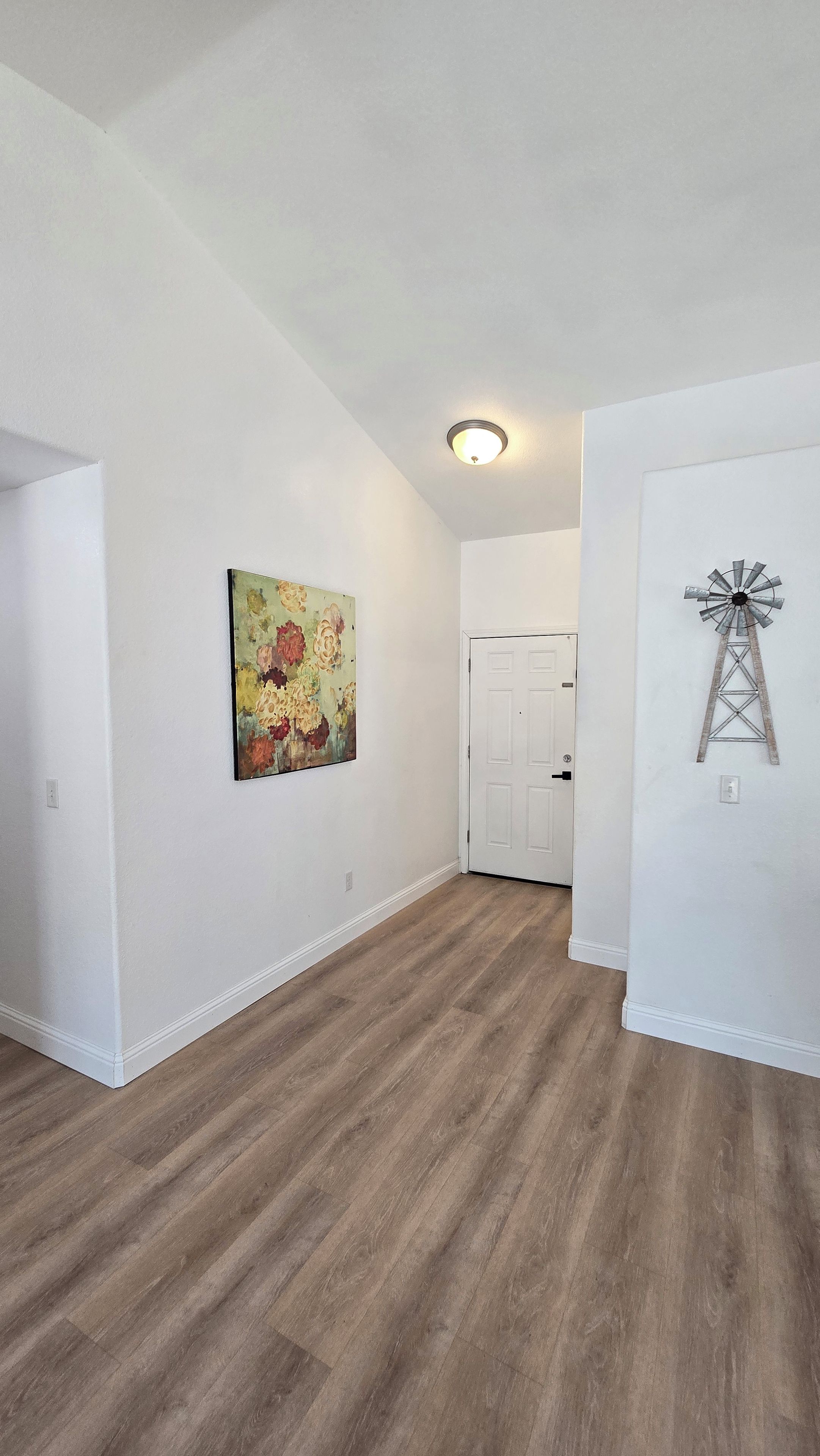 A hallway with wooden flooring, a white door, and a wall-mounted windmill decoration.
