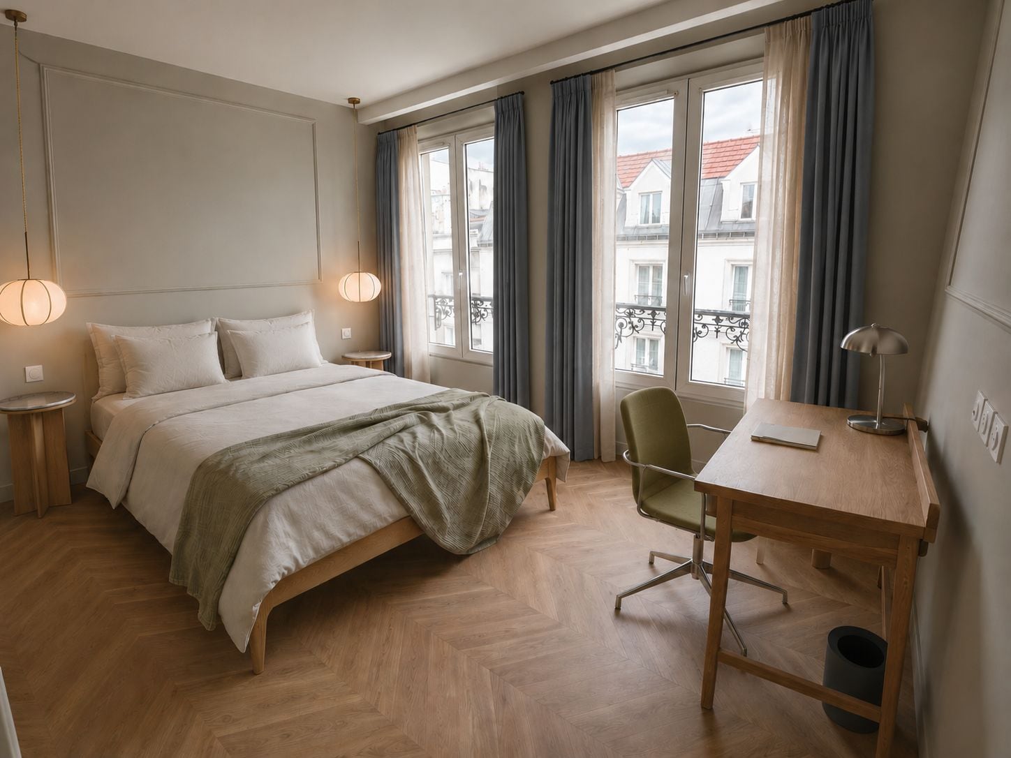 Een hotelkamer met een bed, een bureau, een stoel en uitzicht op gebouwen door het raam.