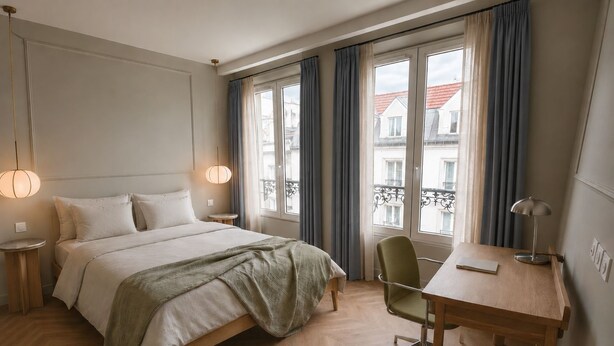 A hotel room with a bed, a desk, and a chair. There are curtains on the windows, and a balcony is visible through the window. - Outsite Paris - Bastille - Work, Connect, Explore. (Paris)