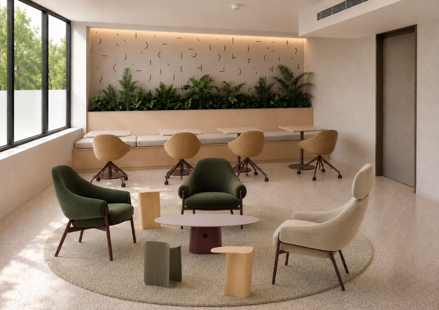 Una sala de reuniones moderna con una mesa redonda, sillas verdes y beige, y una pared con motivos abstractos.