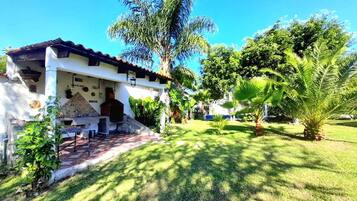 A house with a patio area, a barbecue grill, and a well-maintained lawn with palm trees.