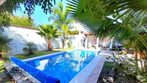 Una piscina con pompa e tubo, circondata da un giardino con palme e un muro bianco.