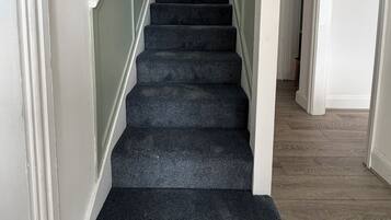 A staircase with a handrail, carpeted steps, and a picture on the wall.