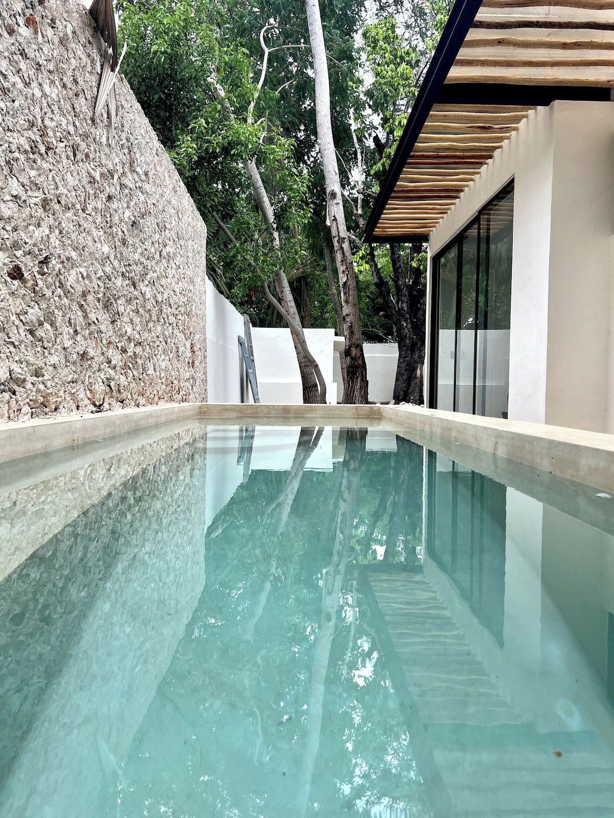 A swimming pool with clear water, surrounded by trees and a stone wall.