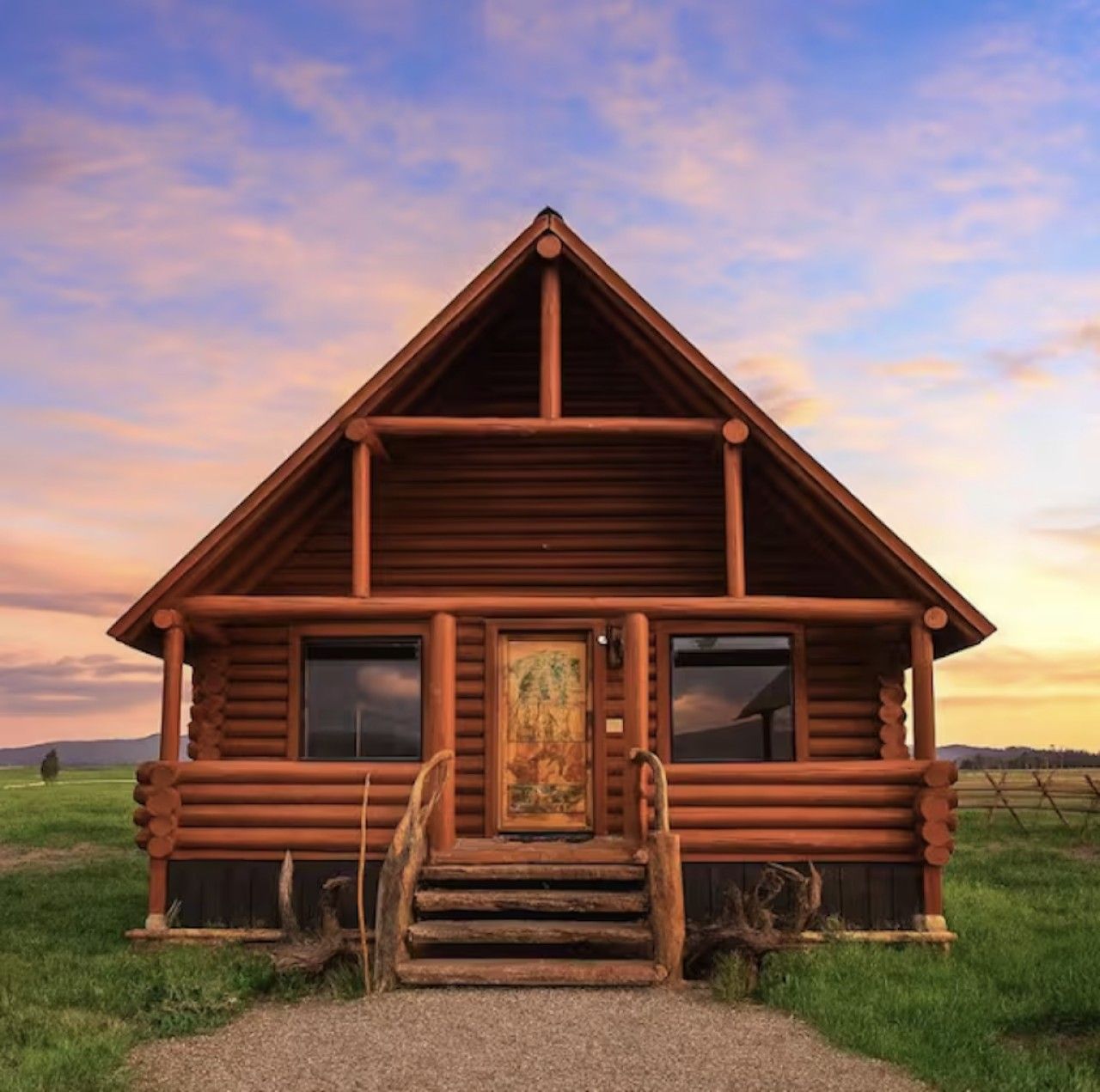 A wooden cabin with a front porch and a door, set against a sunset sky.